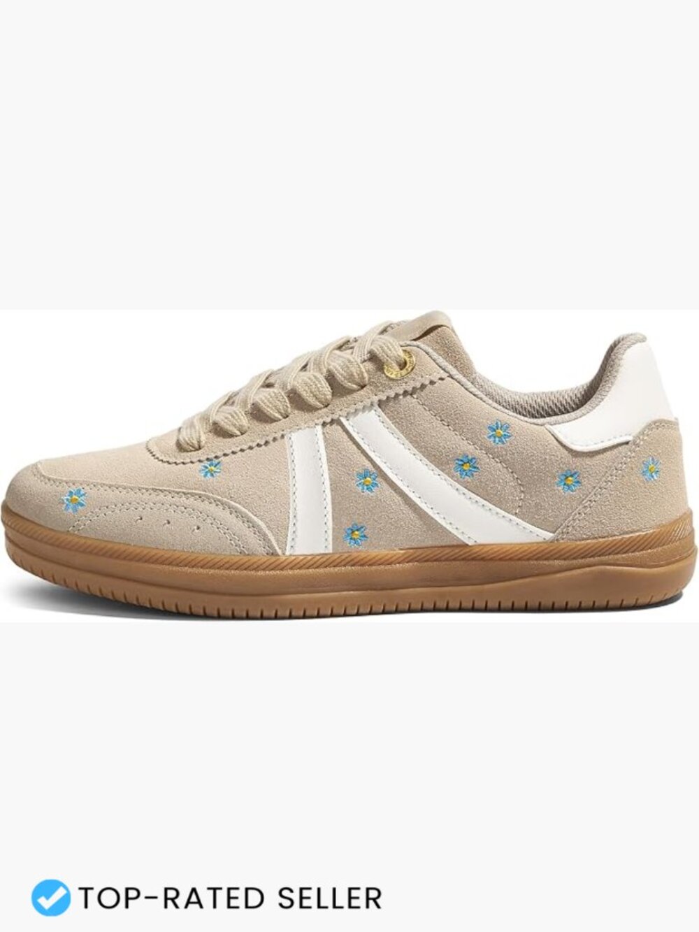 Retro Floral Embroidered Sneakers Gum Sole Suede Skate Shoes Comfort Lace Up